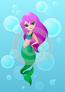 Cartoon illustration of cute little mermaid in sea