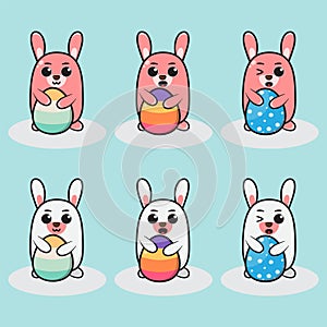Cartoon illustration of a cute little Rabbit. Cartoon little bunny holing Easter egg with two hands.