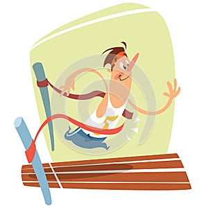 Cartoon illustration of cute smiling runner at finishing