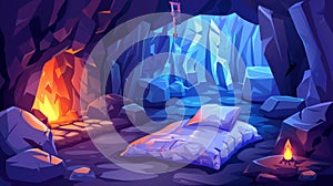 Cartoon illustration of a dark cave inside an ancient dungeon. Illustration includes a fire, a pillow on a bed, crystals