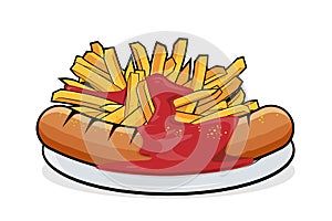 Cartoon illustration of delicious german specialty currywurst mit pommes