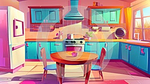 This cartoon illustration depicts a kitchen and dining room interior with table, chairs, oven, hood, cooking counter
