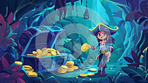 This cartoon illustration depicts a pirate girl dressed in a filibuster costume, holding golden coins and gems in an