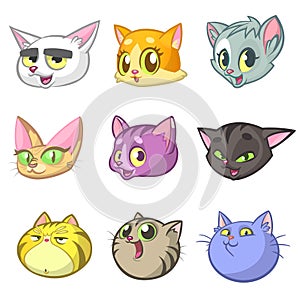 Cartoon Illustration of Different Happy Cats ot Kittens Heads Collection Set. Vector pack of colorful cats icons