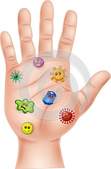 Cartoon illustration of dirty hand with germ