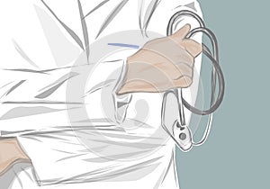 cartoon illustration of a doctor posing holding a stethoscope on a white background