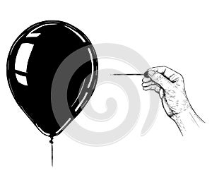 Cartoon Illustration or Drawing of Hand with Needle or Pin Popping Balloon photo