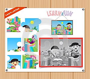 Cartoon Illustration of Education Jigsaw Puzzle Game for Preschool Children with kids books