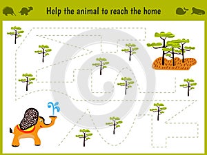 Cartoon illustration of education. Matching game for preschool kids trace the path of the elephant in savanna. Education