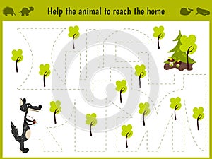 Cartoon illustration of education. Matching game for preschoolers to hold a wild animal the wolf home in the woods. All