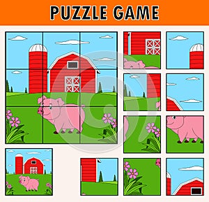 Cartoon illustration of educational jigsaw puzzle for children with cute pig farm animal