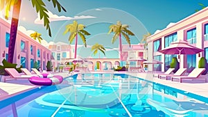 Cartoon illustration of an empty poolside in a hotel with chaise lounges, umbrellas and inflatable rings and balls in