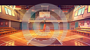 A cartoon illustration of an empty school gym with a hoop, a tribune, and a scoreboard. A sports ground with wooden