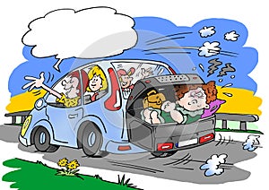 Cartoon illustration of a family on a road trip. Mother in law placed in the luggage roof box suitcase