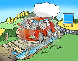 Cartoon illustration of A family in a small car on a drive and have gone astray