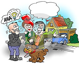 Cartoon illustration of a family who are out and walk the dog, the neighbor will have a good idea