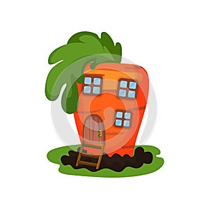 Cartoon illustration of fantasy carrot house with small windows and wooden door. Colorful flat vector design for