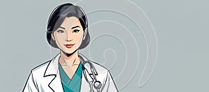 a cartoon illustration of a female doctor with a stethoscope around her neck