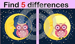 Cartoon Illustration of Find the Differences Educational Activity Game for Children with Owls