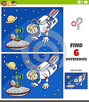 Differences educational game with cartoon astronaut and alien