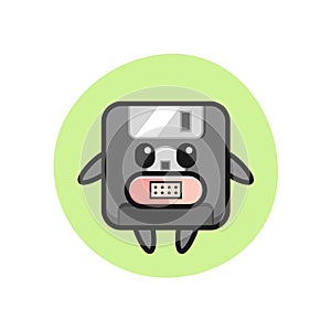 Cartoon Illustration of floppy disk with tape on mouth