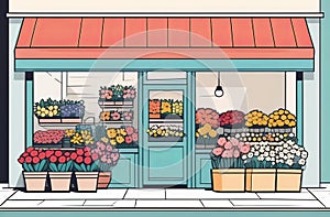 a cartoon illustration of a flower shop with flowers in front of it