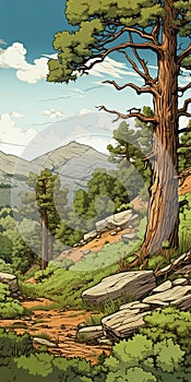 Oak Forest In Rocky Mountains: A Graphic Novel-inspired Cartoon Illustration photo
