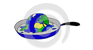 Cartoon illustration of a frying pan with the earth globe melting inside