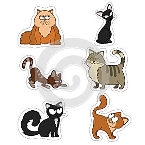 Cartoon illustration of funny cats set.Fat, skinny red, black and tabby cats Set of stickers of cute Pets