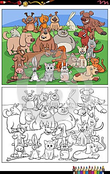 Cartoon dogs and cats and rabbits characters coloring book page