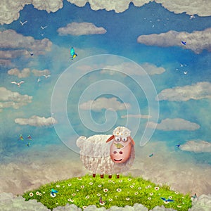 Cartoon illustration of funny happy sheep on a glade