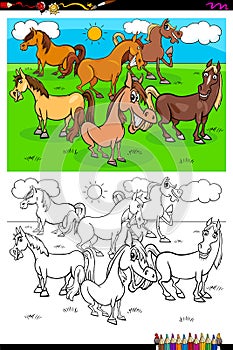 Horses farm animal characters group color book photo