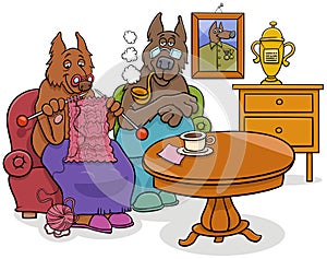 Cartoon senior dog characters couple at home