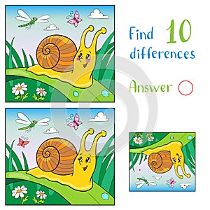 Cartoon Illustration of Funny Snail and Insect for Children. Find 10 differences