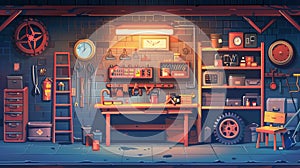 A cartoon illustration of garage interior furniture and working tools. A set of storeroom elements, car repair and