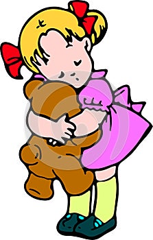 Cartoon illustration of a girl hugging a teddy bear