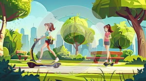 Cartoon illustration of girls riding on electric hoverboards and mono wheels in a city park. Modern illustration of