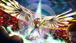 Cartoon illustration of a great birdman or wingman warrior hero is bursting his ultimate power to save his princess girl