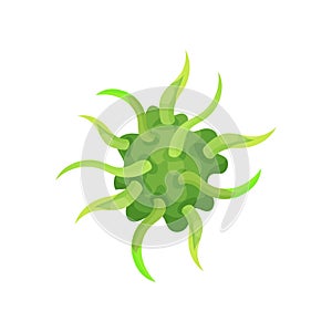 Cartoon illustration of green flu virus. Infectious disease. Biology and microbiology concept. Flat vector design for