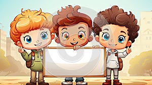 Cartoon illustration of a group of boys holding a blank board on a city background