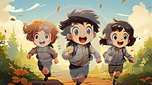 Cartoon illustration of a group of happy kids running in the autumn forest