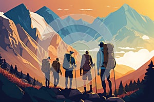 Cartoon illustration of a group of mountaineers with mountains in the background at sunset. Generative AI.