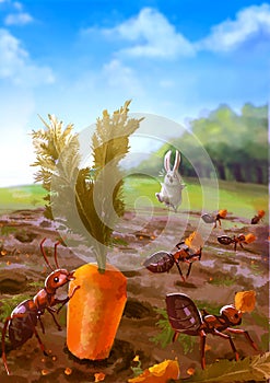 Cartoon illustration of group of red ants eating carrot