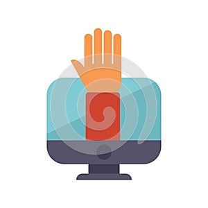 Hand reaching out from computer screen asking question