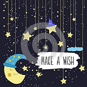 Cartoon illustration of hand drawing of a smiling moon and a falling bright stars. Make a wish. Vector