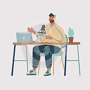 Cartoon illustration of Hand Holding a microphone symbol Journalism man make podcast, broadcast, blogger, sosomeone