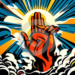 Cartoon illustration of the hands of Jesus Christ in front of the sun AI Generated