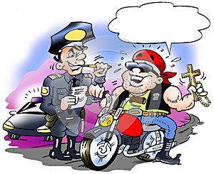 Cartoon illustration of a happy biker there must have a speeding ticket