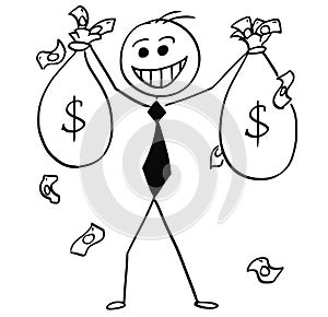 Cartoon Illustration of Happy Business Man with Money Bags