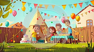 Cartoon illustration of happy children and an air dancer with an inflatable tube man, tent, cake and balloons on an